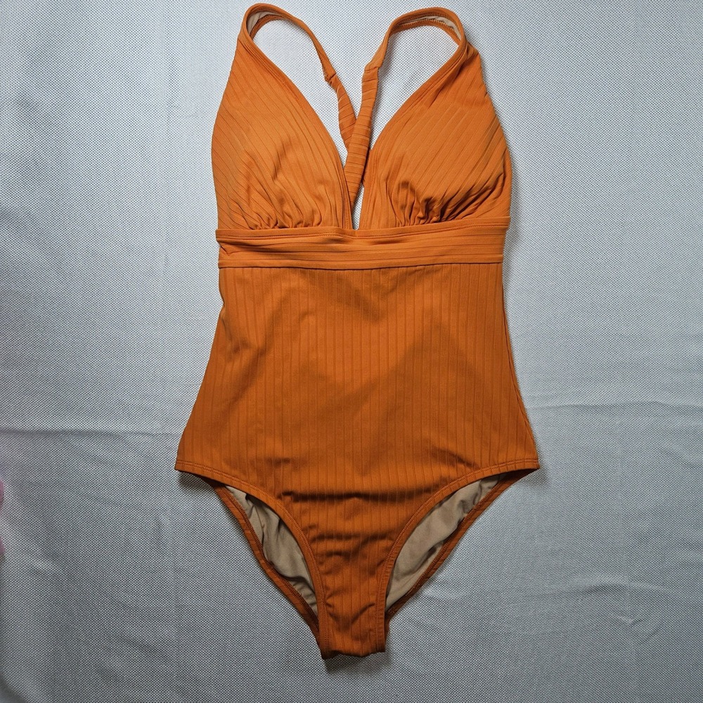 Kona Sol Ribbed One Piece Swimsuit Orange Plunging Neckline Crisscross Back LG